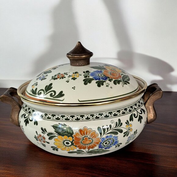 Vintage Asta Enamelware Floral Cookware With Brass Handles Germany with Lid . - Picture 1 of 11